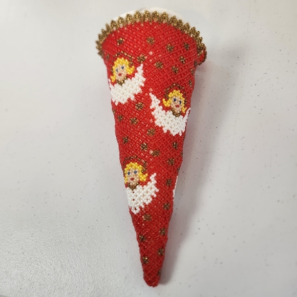 Vintage Red Gold Angels Beaded Christmas Cone Tree Ornament Handmade Stocking - Picture 5 of 10